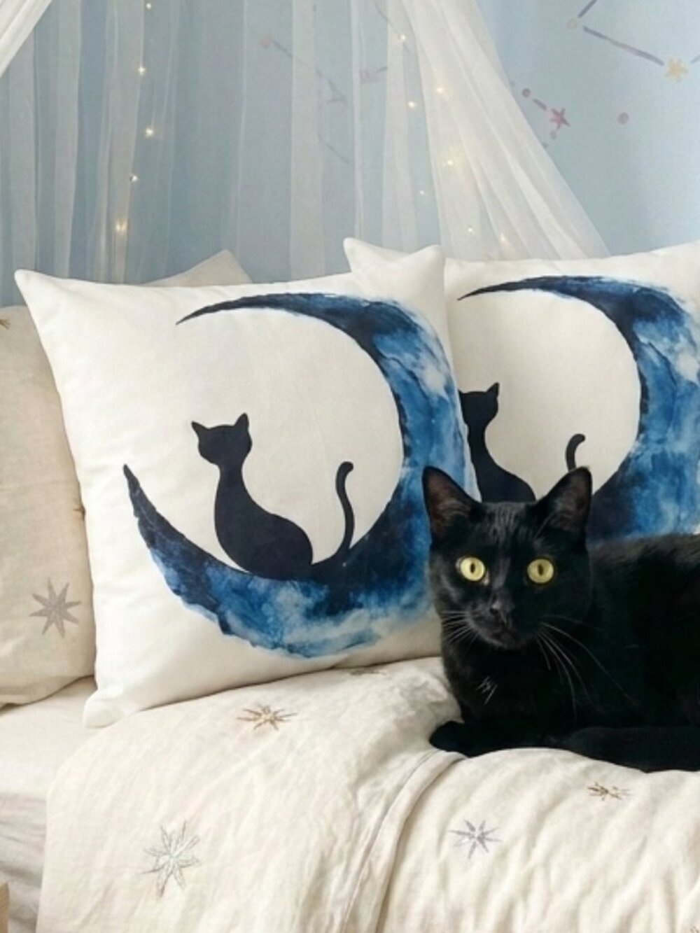 Set 2 Black Cat Blue Moon Watercolor Pillow Cushion Covers 18x18 Whimsigoth